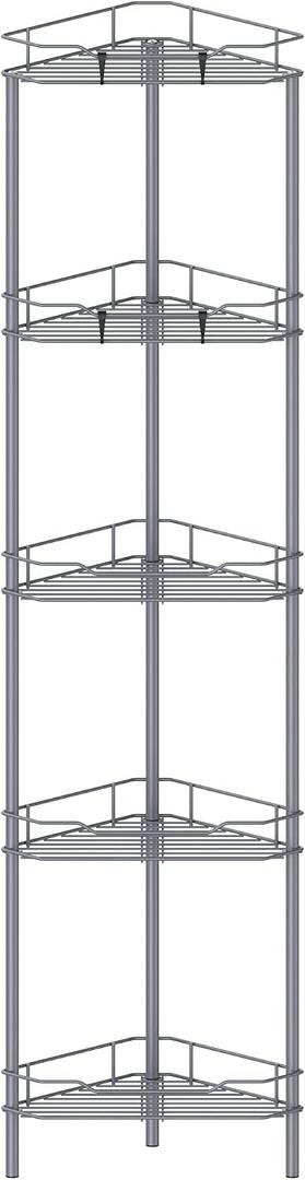 HuggieGems 5 Tier Floor Standing Corner Shower Caddy Organizer Shelf with Hooks, Bathroom Shelves Stand Rack, Dark Gray