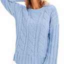 Saodimallsu Womens Chunky Cable Knit Sweaters Long Sleeve Crew Neck Fall Casual Loose Warm Pullover Tops Light Blue, Size S