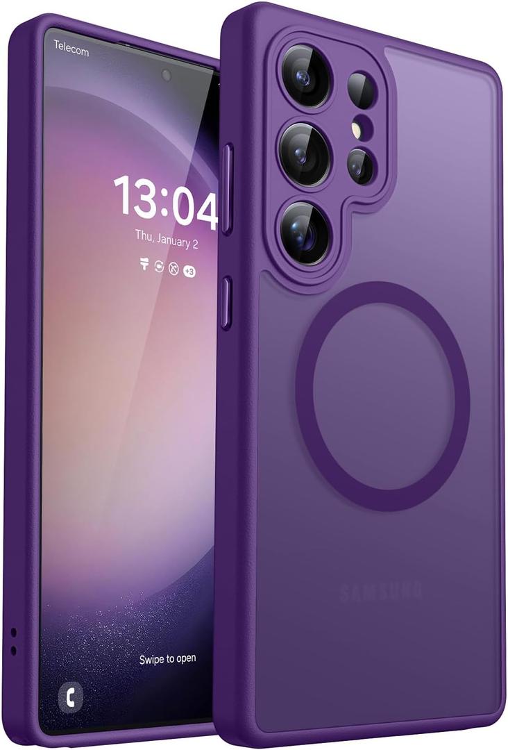 CANSHN Designed for Samsung Galaxy S23 Ultra Case [Full Camera Protection] [Compatible with MagSafe] Translucent Matte Shockproof Protective Phone Cover 6.8 Inch - Deep Purple
