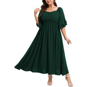 SCOMCHIC Womens Plus Size Maxi Dresses Smocked Square Neck Short Sleeve Wedding Guest Formal Flowy A-Line Long Dress (Emerald Green)