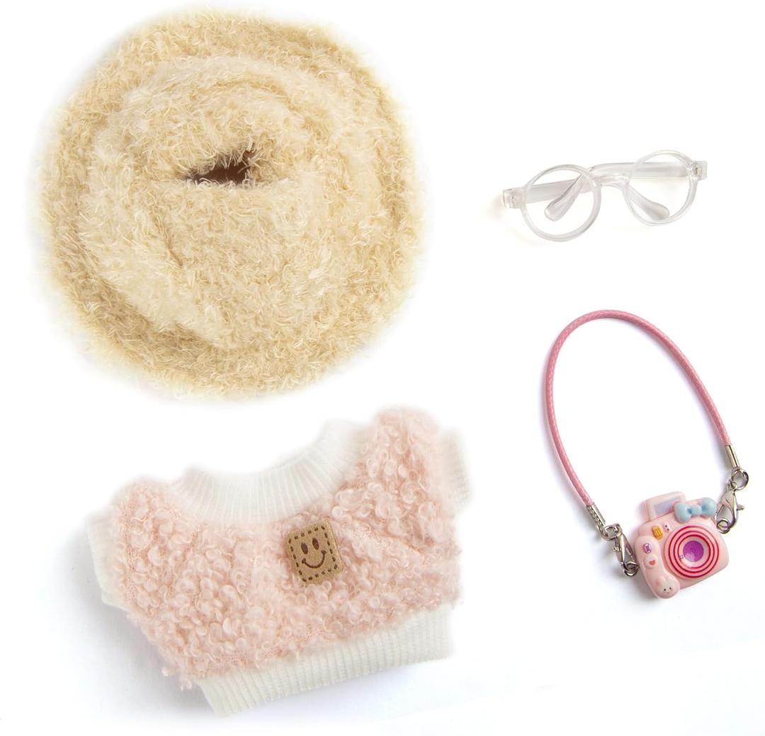 17cm Doll Clothes for Labubu, Kawaii 4-Piece 17cm Clothes Dolls Outfit Set with Accessories Pink Diamond Hat + Clear Glasses + Pink Camera + Pink Smily Shirt(Doll Not Included)