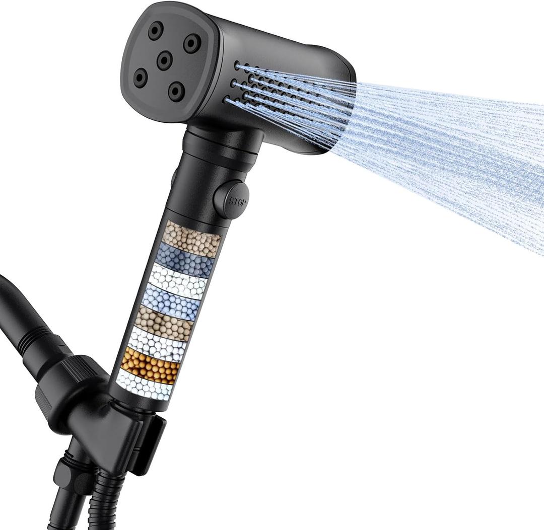 High Pressure Filtered Shower Head with Handheld, Modern Design 5 Spray Modes with ON/OFF Pause Switch, 8 Layers Filter for Hard Water, Remove Chlorine, Adjustable Bracket, Matte Black