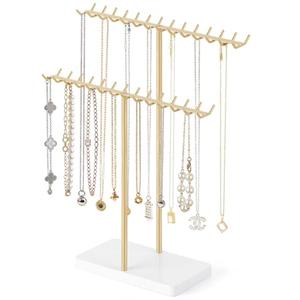 Mkono Necklace Holder Organizer Metal Jewelry Display Stand 2 Tier Bracelet Hanger Gold Tree Tower Rack for Storage Bangles and Earrings Gift for Women Bedroom Dressing Table Decor