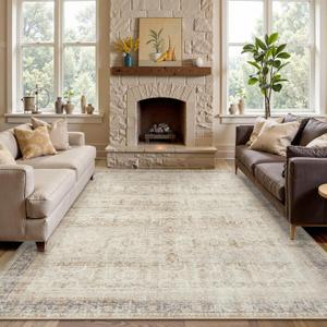 Collive Washable Area Rug 8x10, Neutral Boho Rugs for Living Room Rugs 8x10 Non Slip Farmhouse Modern Bedroom Carpet Stain Resistant Aesthetic Print Accent Floor Mat for Dining Guest Office - Tan