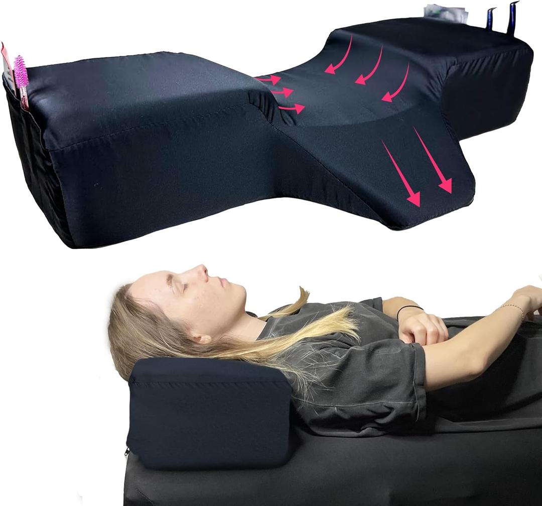 Lash Pillow for Eyelash Extensions, Curved Memory Foam Lash Bed Pillow with Neck & Back Support, Lash Pillow for Eyelash Bed & Lash Tech Bed, Two Side Pockets for Tools, Satin Black