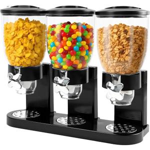 Triple Cereal Dispenser Countertop - 3 Pack 2L Large Cereal Containers Storage Airtight, Rotating Black Plastic Dry Food Dispenser for Cereal, Rice, Grains, Candy, Coffee Beans