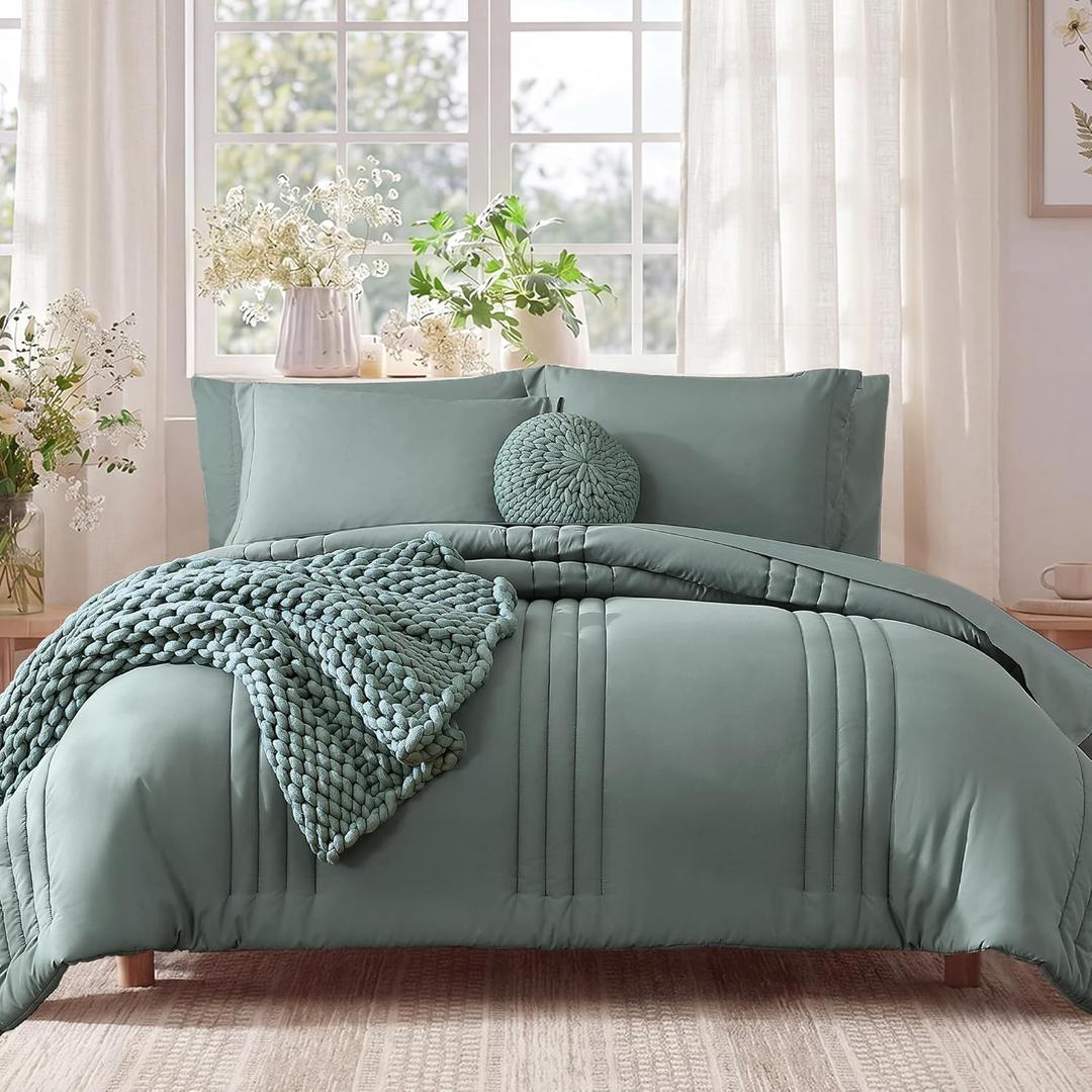 Monbix Oversized Queen Comforter Set - 7 Pieces Sage Green Bed in a Bag Oversized Queen Bedding Sets with Comforters, All Seasons Comforter Bed Set with Sheets, Pillowcases & Shams