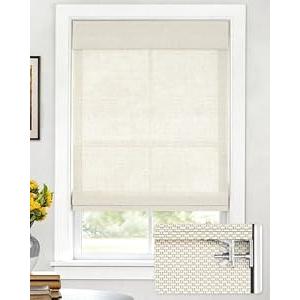 LazBlinds No Drill Cordless Bamboo Roman Shades, Light Filtering Blinds for Indoor Windows, Roll Up Bamboo Blinds for Home, 30" W x 64" H, Star-Off White
