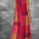 Women's Vintage Geometric Print Maxi Dress Color Block Plaid Design Crew Neck Short Sleeve Loose Fit Long Dresses