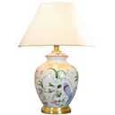 Chinoiserie Ceramic LED Table Lamp, American Flower&Bird Bedside Lamp, Classic White Fabric Lampshade Desk Nightstand Lamp for Bedroom Living Room Office College Bookcase 