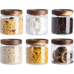Kanwone Glass Storage Jars Set of 6, 17 Ounce Airtight Food Storage Containers with Bamboo lids, Clear Glass Canisters for Pantry, kitchen, Flour, Sugar, Tea, Coffee, Snack, Spice and Herbs
