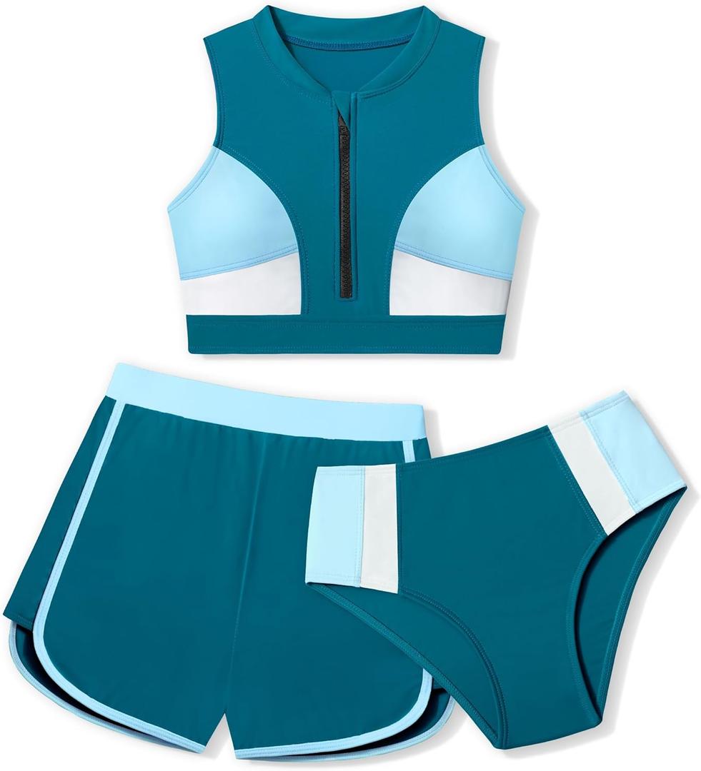 AGAPENG Girls Swimsuit Size 7 8 Girls Bathing Suit Color Block Zipper Front Bikini Set with Shorts 3 Piece Sporty Bathing Suits for Girls Blue Green Swimwear