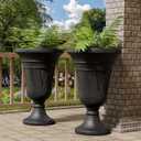 23.6" Tall Plastic Urn Planters for Outdoor Plants, Set of 2 Heavy-Duty Classic Indoor Large Flower Pots with Drainage Holes & Trophy Design, Outdoor Planters for Porch, Home Garden, Black, 19.69"D x 15.75"W x 23.62"H