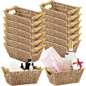Marsui 12 Pcs Small Hand Woven Wicker Baskets with Wooden Handles, Seagrass Rattan Storage Baskets Bin Organizer Shelf Pantry for Bathroom Storage Towel Kitchen Washroom Gifts Decor, 9" x 6" x 4"