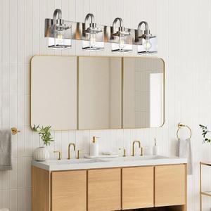 Brushed Nickel Bathroom Vanity Light,4 Light Vanity Lighting fixtures Over Mirror, Modern Wall Sconces Lighting with Clear Glass Shades for Living Room, Bedroom Kitchen Hallway Cabinet Porch