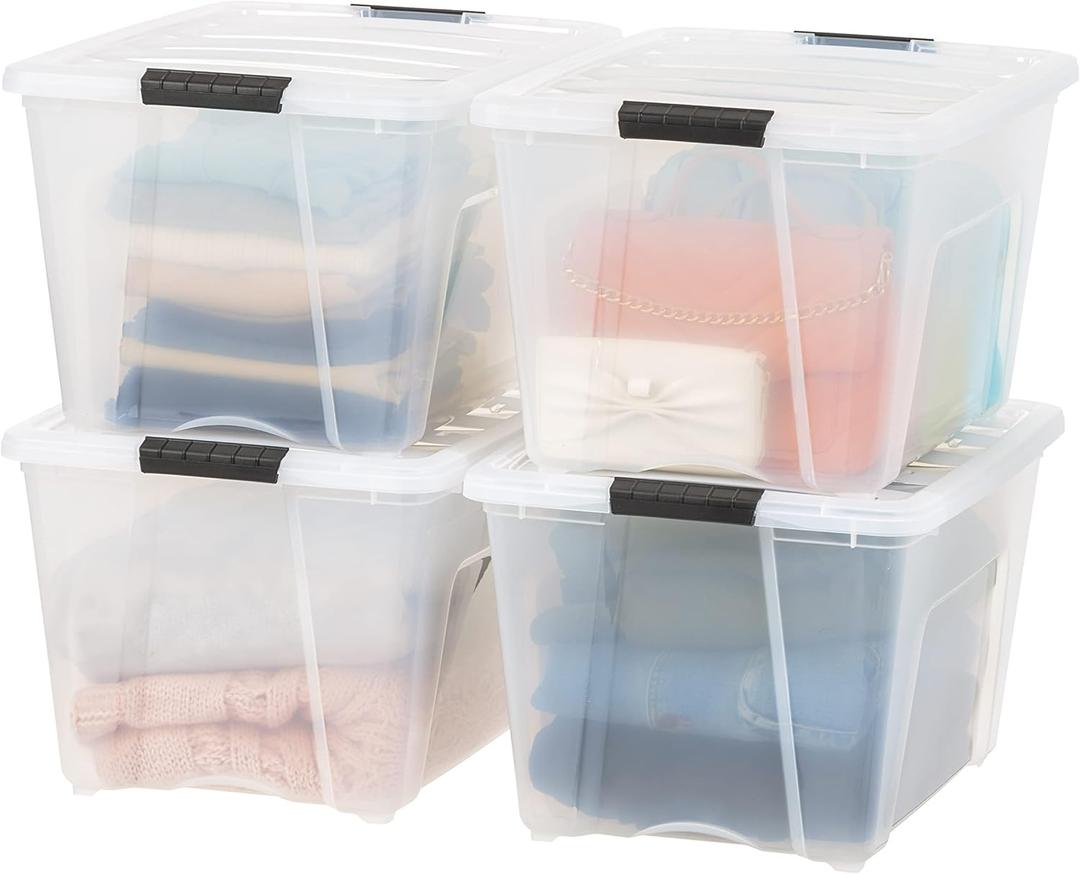 IRIS USA 51 L (54 QT) Plastic Storage Box with Lid and Latches - 4 Pack - BPA-Free, See-Through Organizing Solution, Durable Nestable Stackable Containers, Secure Pull Handle - Clear