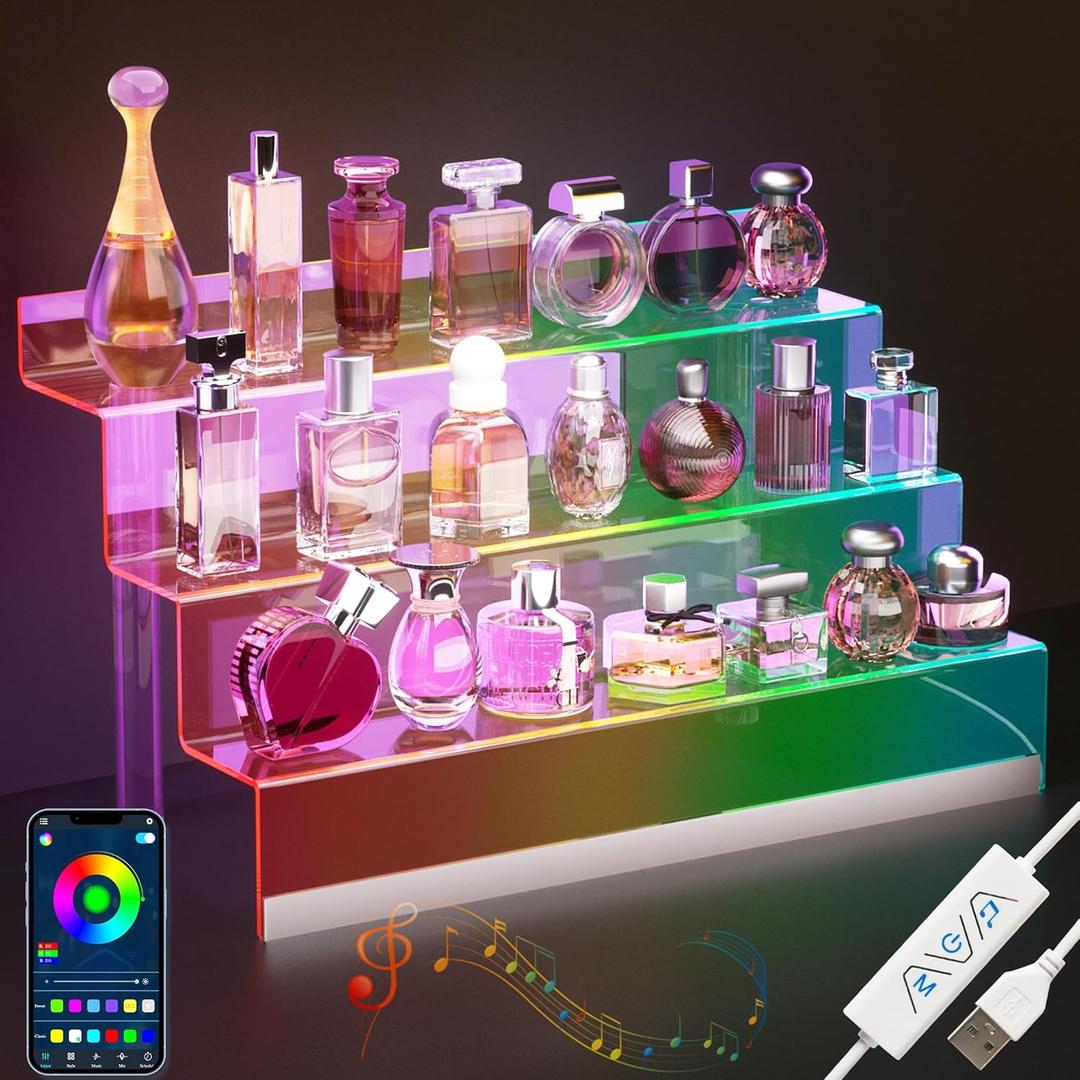 16” Acrylic Display Organizer with LED Light  3 Tier Perfume Stand and Display Step Shelves Holder, Cologne Organizer for Men, Figures Stand, Porta Perfumes Para Tocador, Clear Riser, Dessert Shelf