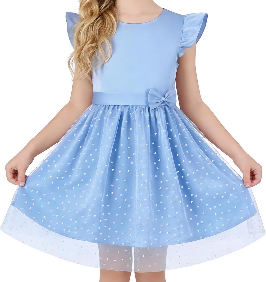 DIPUG Girls Tulle Dress, Casual Birthday Party Flower Girl Summer Dresses Polka Dot Bow & Flutter Sleeves, 5-12Y