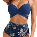 High Waisted Underwire Bikini Sets - Women 2025 Two Piece Swimsuits Halter Bathing Suits with Tummy Control Bottom (Blue, L)