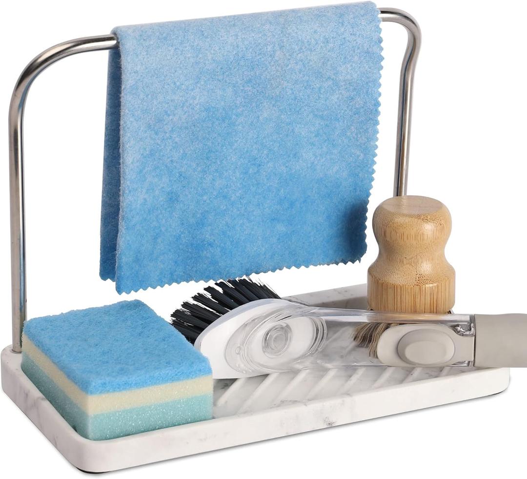 zccz Sponge Holder - Kitchen Sink Organizer Tray Stainless Steel Dish Cloth Hanger Soap Dispenser Brush Holder Caddy, White Marble Look