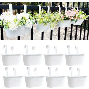 10" Hanging Flower Pots, Pack of 8 White Metal Outdoor Patio Balcony Planter, Railing Planters Fence Pot with Detachable Hook & Drainage Hole for Small Plants (White, 8Pcs)
