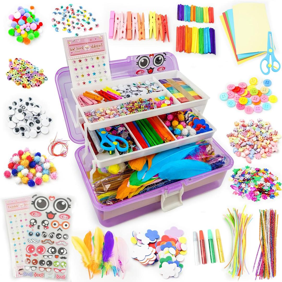 SMILESSKIDDO Arts Craft Supplies for Kids - 1000+ PCS Toddler DIY Craft Art Supply Set, Portable 3 Layered Folding Storage Box School Craft Projects - Gifts for Girls Crafts for Girls Ages 4-8 8-12 (purple)