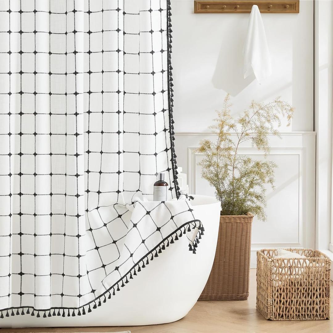 Boho Farmhouse Shower Curtain, Linen Rustic Heavy Duty Fabric Shower Curtain Set with Tassels, Modern Bohemian Vintage Thick Cloth Shower Curtains for Bathroom, Waterproof, Black/White, 72x72