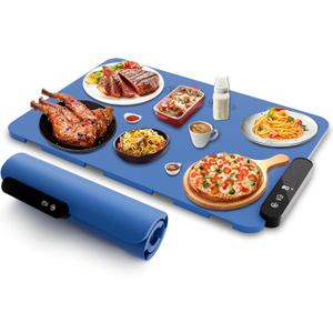 Electric Warming Tray, Rollable Food Warming Mat with 5 Temperature 6 Timer Setting Fast Heating Food Warmer Electric Warming Hot Plates Trays SIZE:17.7IN*12.5IN (SMALL BLUE)