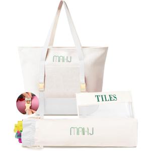 Empty Mahjong Tile Bags Set for American Tiles and Racks,Canvas Tote Bag with Mat Holder Accessories Organizer,Portable Mahjong Case Drawstring Protective Sleeve for Rack Pushers,Beige