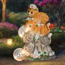 Solar Cat Garden Statue Resin Cat Statue Decor Outdoor with LED Lights for Outside Yard Art Lawn Ornaments Patio, Cat Lovers Gifts