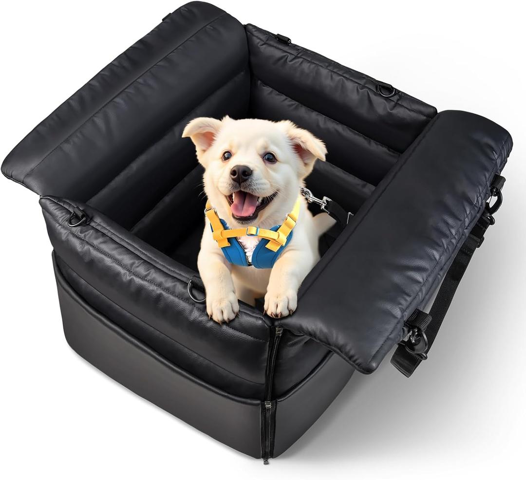 Dog Car Seats for Small Dogs: Safe & Soft Travel Booster with Safety Leash  Waterproof PU Leather Pet Car Seat for Front/Back Seat, 2-in-1 Convertible Design, Fits Dogs up to 25 lbsBlack
