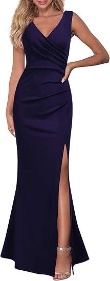 WOOSEA Women Sleeveless V Neck Split Evening Cocktail Long Dress, Navy Blue XXL