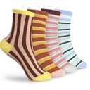 Ksriylm 4 Pairs Women Vintage Retro Striped Socks, Cute Ankle Fun Sock for Girls Cotton Knit Size 5-9, Medium Dress Novelty Colorful Casual Women’s Calf Socks(Blue, Red, Pink, Brown)