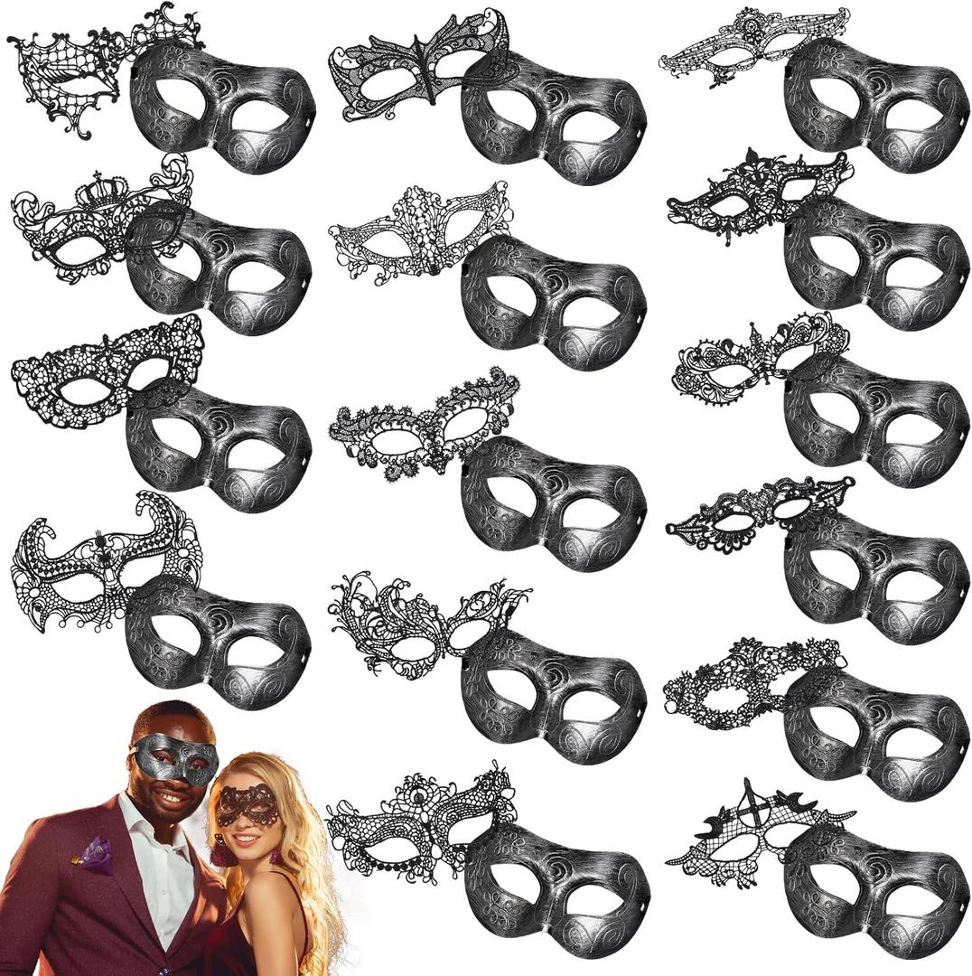 Liliful 30 Pcs Masquerade Mask for Couple Black Lace Mask Antique Mardi Gras Venetian Eyemask for Men Women Carnival Cosplay Party Wedding Party Costume Ball