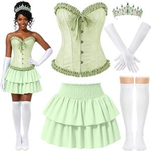 JaGely 5 Pcs Princess Fairy Costume for Women Corset Tops Skirt Headband Gloves Socks Adult Dress Carnival Role Play Party Large