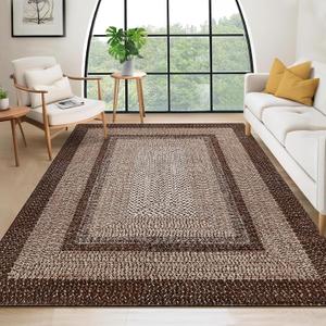 9x12 Living Room Rug Large Washable Rug Non Slip Boho Accent Braided Print Carpet Indoor Throw Floor Cover Farmhouse Rustic Area Rug Bohemian Border Carpet for Bedroom Home Decor, Brown (9' x 12' (Rectangular))