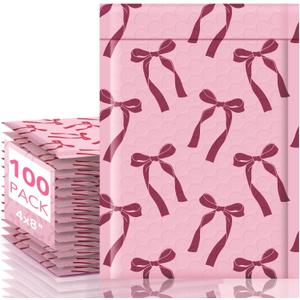 Fuxury Bubble Mailers 4x8 100 Pack, Pink Bows Cute Design Bubble Envelopes Usable Size 4x7",Strong Adhesion Pattern Padded Shipping Envelopes Thick Mailer for Mailing Jewelry, Makeup,Small items