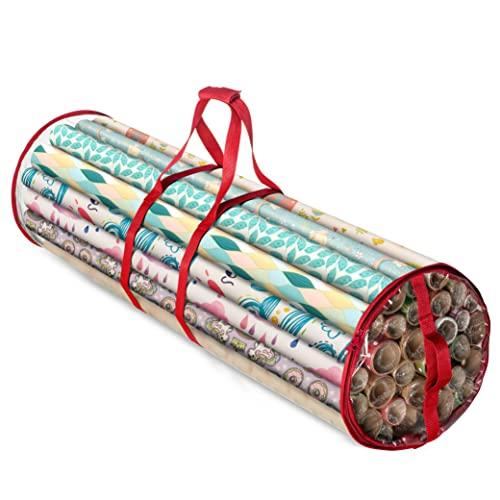 ZOBER Round Christmas Gift Wrapping Paper Organizer Storage - 40 Inch Gift Wrap Storage Containers - Wrapping Paper Holder, Clear PVC Waterproof, Fits 25 Standard Rolls - Red Pack Of 2