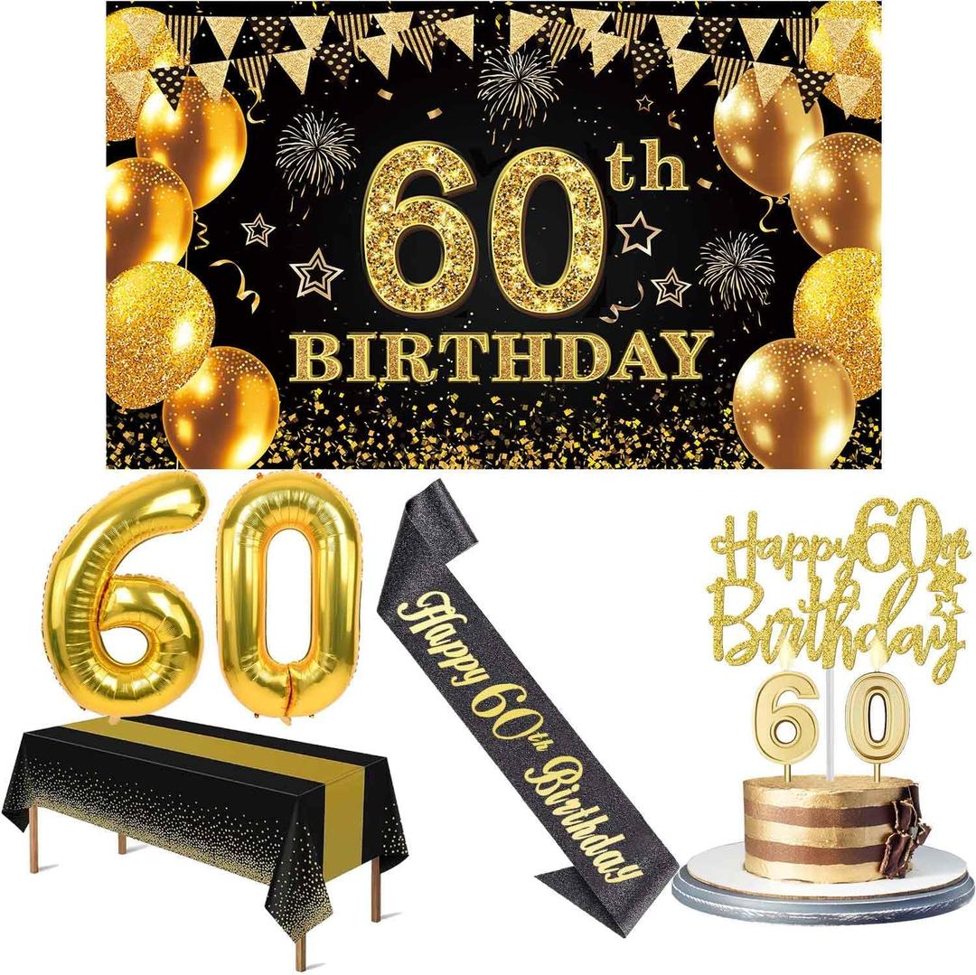 60th Birthday Decorations Men Women with 60th Birthday Banner, Black and Gold Table Cloth, Number Balloons, Large Sash, Cake Topper and Candles