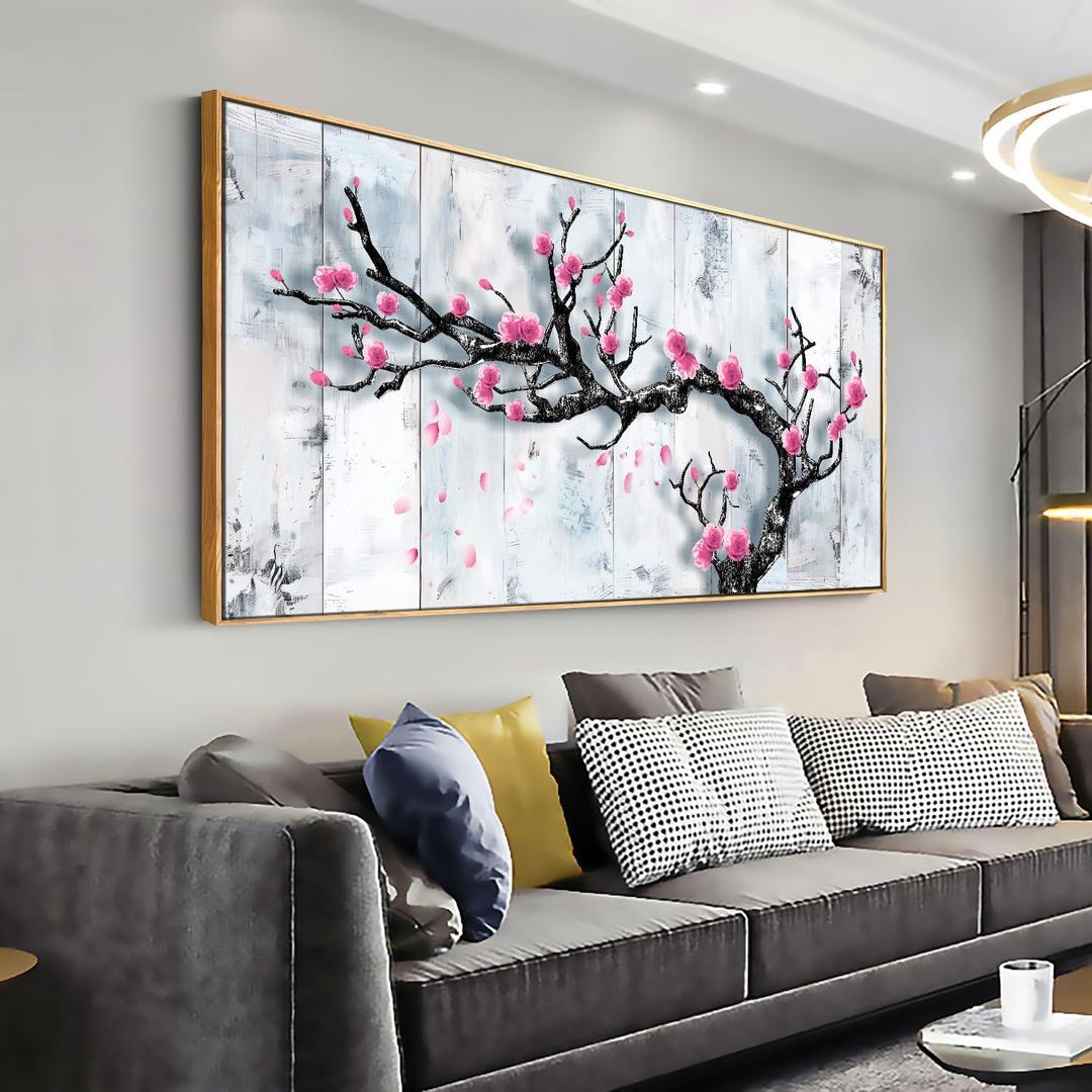 Solid wood frame abstract Wall Art plank Pink plum abstract Framed Ready to Hang Wall Art Modern artwork Fantasy Paintings Wall Art Prints Canvas Painting 29"x58"Large Size for Living Room Bedroom Office Decoration (awork6)