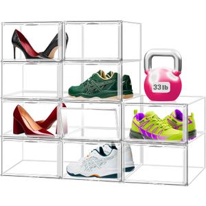 Clear Acrylic Shoe Storage Boxes 12 Pack, Size 14 Stackable Shoe Organizer with Magnetic Door, Space-Saving Sneaker Containers for Closet, Entryway, Transparent Display Case for Boots & Shoes