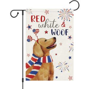 Louise Maelys 4 of July Garden Flag Golden Retriever Dog Red White and Woof Independence Day 12x18 Inch Double Sided Stars and Stripes Small Burlap Yard Sign Outside Outdoor House Decor