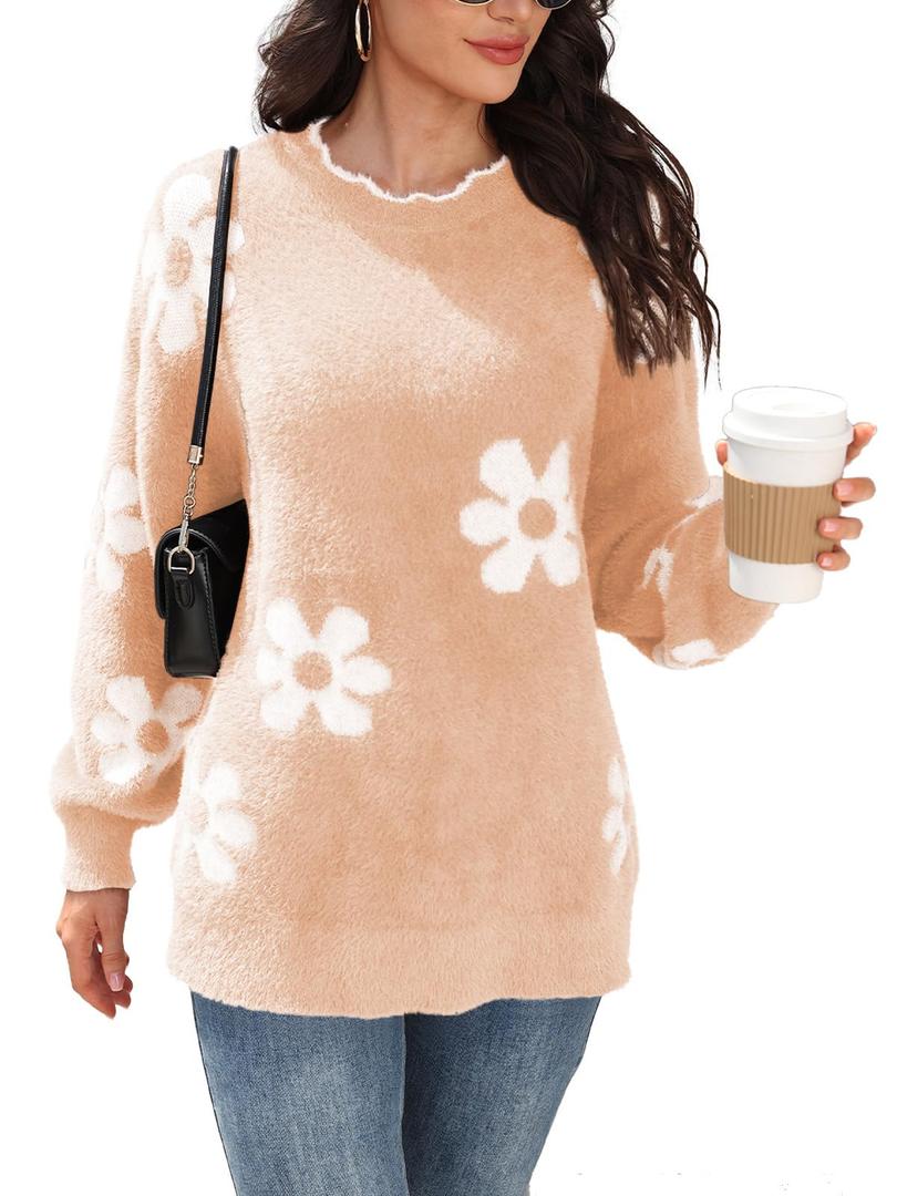 Women's Oversized Fuzzy Sweaters Long Sleeve Crew Neck Knit Soft Pullover Chunky Casual Fall Loose Jumper Top (Pink, S)
