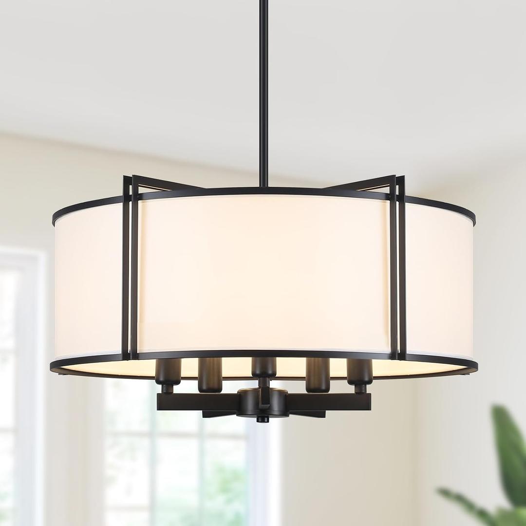 19.6'' Black Drum Chandelier 5-Light Modern White Fabric Chandeliers for Dining Room Adjustable Farmhouse Pendant Light Fixture for Kitchen Island Living Room Bedroom
