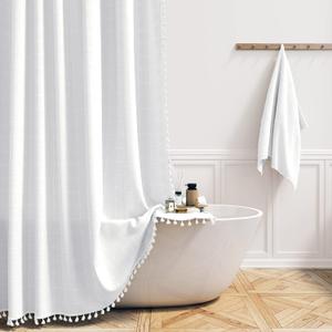 BTTN Boho Long Shower Curtain, 72x78 Inch Long Linen Ultra Thick Fabric Shower Curtain Set with Plastic Hooks, Tall Modern Farmhouse Country Neutral Textured Cloth Shower Curtains for Bathroom, White