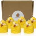 Beeswax Candles Set of 6pcs, Bee Candles with Little Bee Ornament Decors, Unscented & Dripless& Smokeless, Dia 1.77" x1.97" Each, Yellow