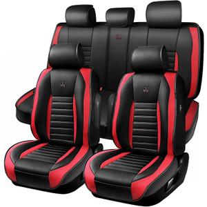 CAR PASS Nappa Leather Car Seat Covers Full Set, Luxury Seat Protector for Cars, Waterproof Anti-Slip Seat Cushion Armrest Compatible Airbag Universal for Sedan SUV Pick-up Truck Auto, Black Red