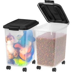 IRIS USA Dog Food Storage Container, 2 Pack, Up to 30 lbs Each, Airtight Seal for Freshness, Wheels for Rolling, Easy One Hand Opening, Made in USA, BPA Free, Clear/Black