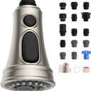 Hibbent Kitchen Faucet Head Replacement with Pull Down Spray Head, 3 Function Faucet Sprayer Nozzle - 15 Adapters Compatible with Moen, American Standard, Delta, Kohler - Brushed Nickel