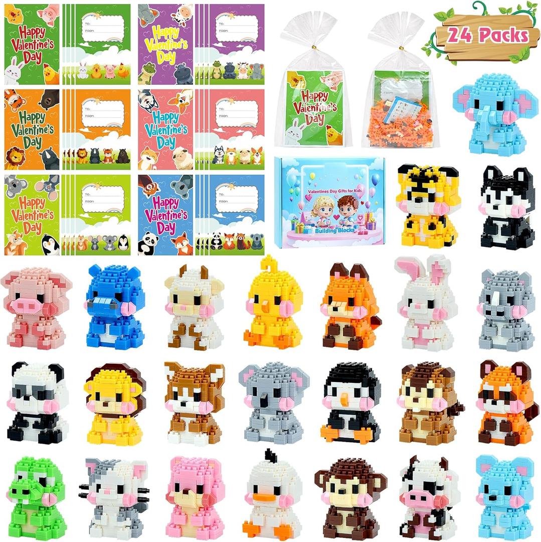 24 Packs Valentines Day Gifts for Kids, Valentines Party Favors for Classroom Exchange, Mini Animal Building Blocks Set with Valentine Day Cards for Kids School, Valentine Gifts for Classroom